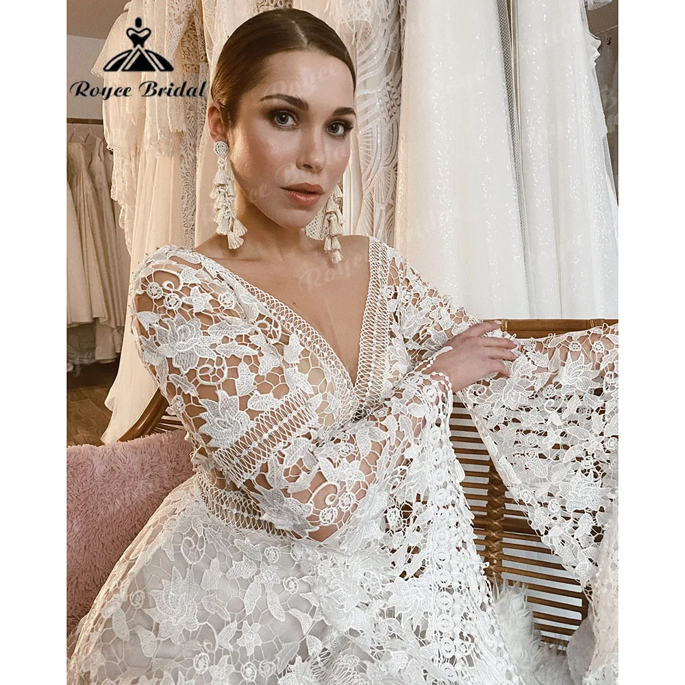 Bridal Boho Long Flare Sleeve Lace A Line Beach Wedding Dress Backless Wedding Gowns for Women Open Back vestido de casamento