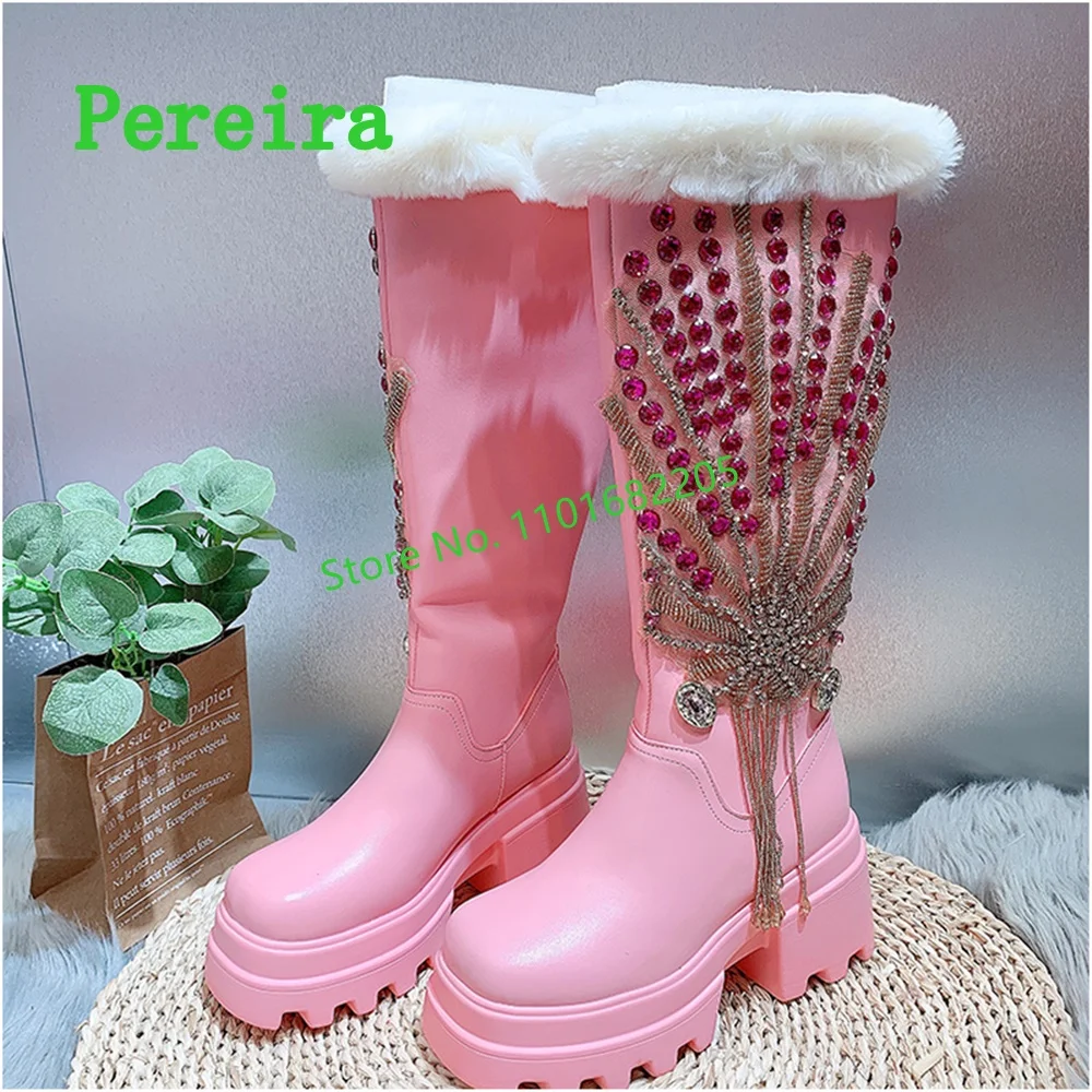 Pink Rhinestone Chain Boots Women's New Arrival Winter Solid Leather Round Toe Plarform Fashion Sweet Shoes For Footwear