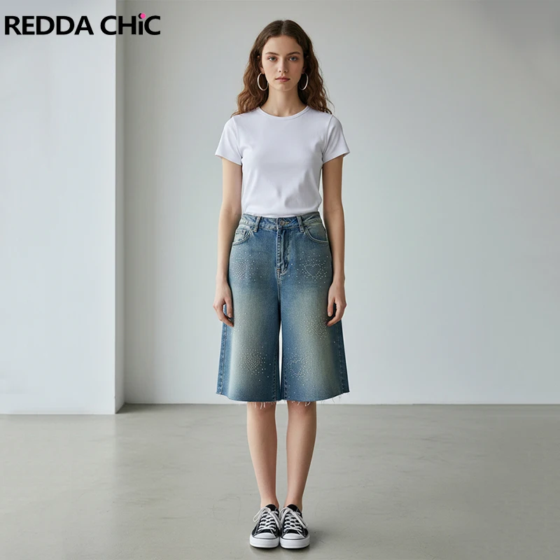 REDDACHiC Heart Rhinestone Jean Shorts Women Vintage Do Old Raw Edge Wide Leg Low Waist Denim Bermuda Pants Hip Hop Streetwear
