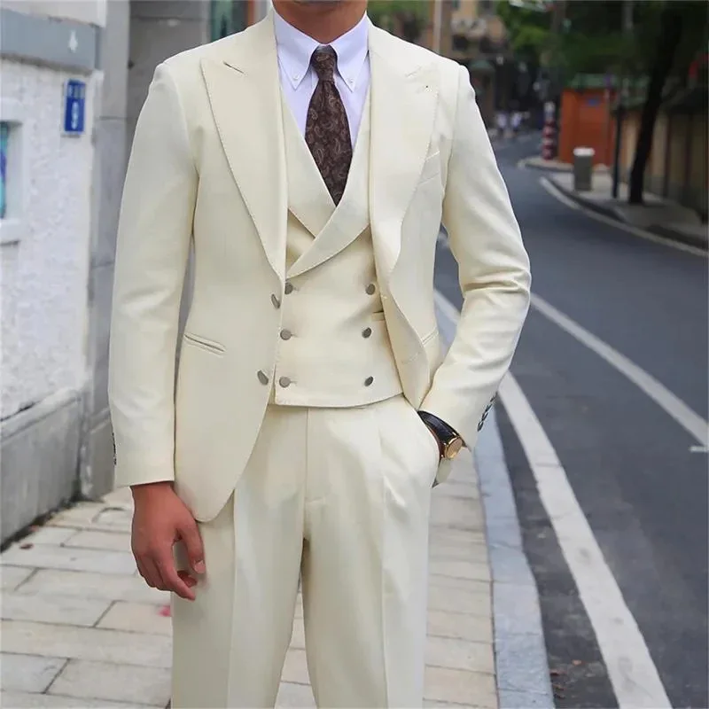 Beige Men's Suits Costume Homme Single Breasted Peak Lapel Prom Party 3 Piece Jacket Pants Vest Slim Fit Trajes De Hombre 2025