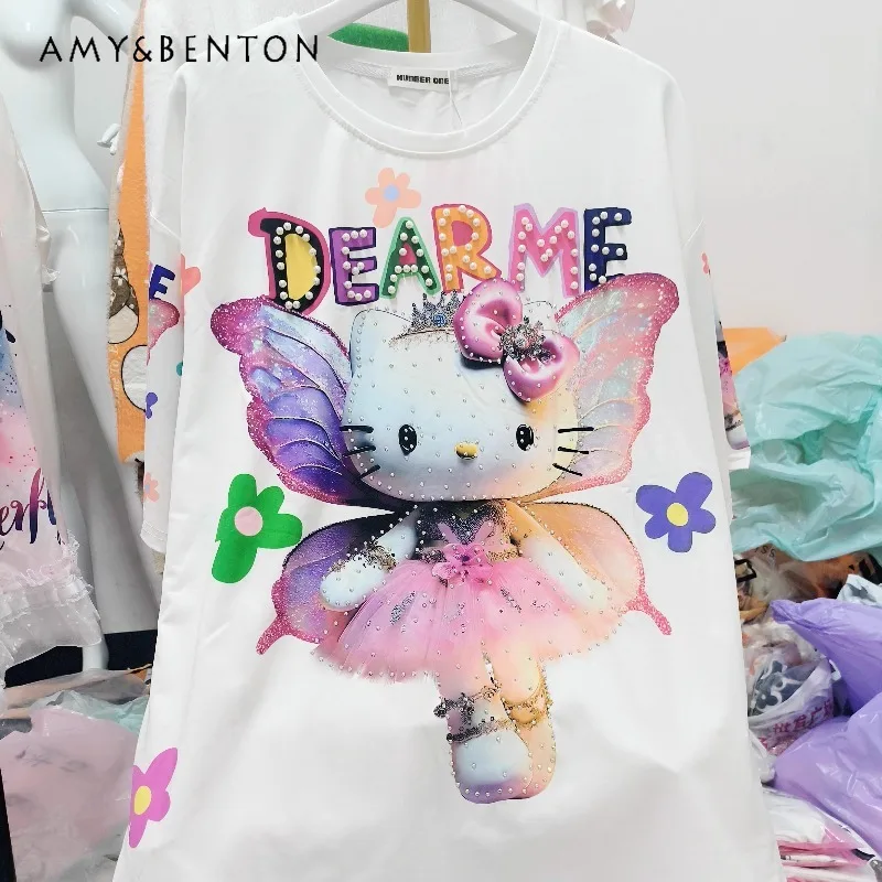 

Heavy Industry Beads Diamond Drills Y2k Tees Korean Style Cartoon Cat Cool Crew Neck Tshirt Sweet Loose Short Sleeved Top Summer