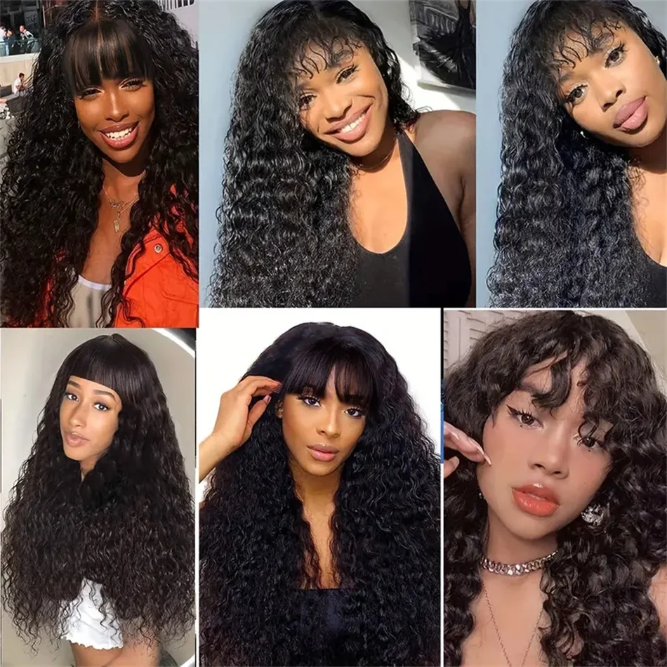 Water Wave Human Hair Wigs With Bangs For Women Full Machine Made 18-32 Inches Deep Curly Fringe Wig Remy Hair Natual Color