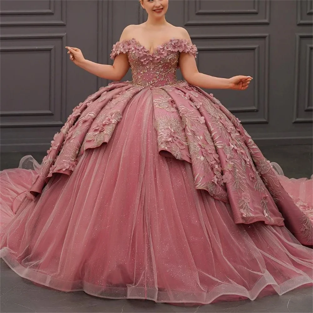 Gaun klasik Quinceanera dari bahu 3D bunga manik-manik applique Vestidos De 15 Formal elegan gaun pesta putri manis