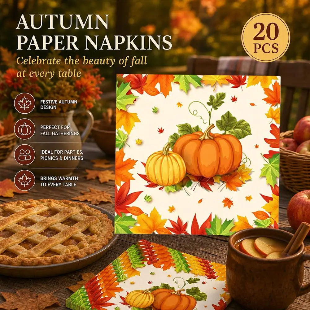 20pcs/bag Autumn Pumpkin Disposable Dinner Paper Napkins Tableware Decoration For Thanksgiving Party Supplies Gifts