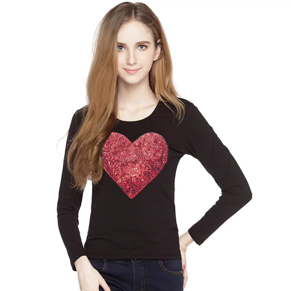 Harajuku Style Lady Heart Embroidery Sequins T Shirt Women Tops Heart-shaped Sequin Tshirt Women Cotton Tee Shirts Femme Clothes