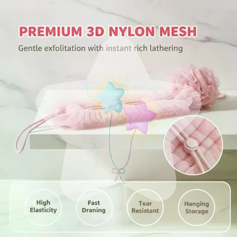 2-in-1 Extendable Bath Sponge Soft Full Body Massage Back Scrubber Exfoliating Mesh for Men Women Shower