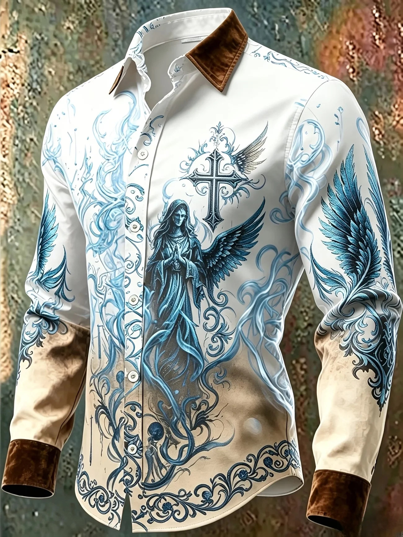 New Gradient Rainbow Checkerboard Printed Long Sleeved Shirt With Black Collar  men's Personalized Street Fashion Top