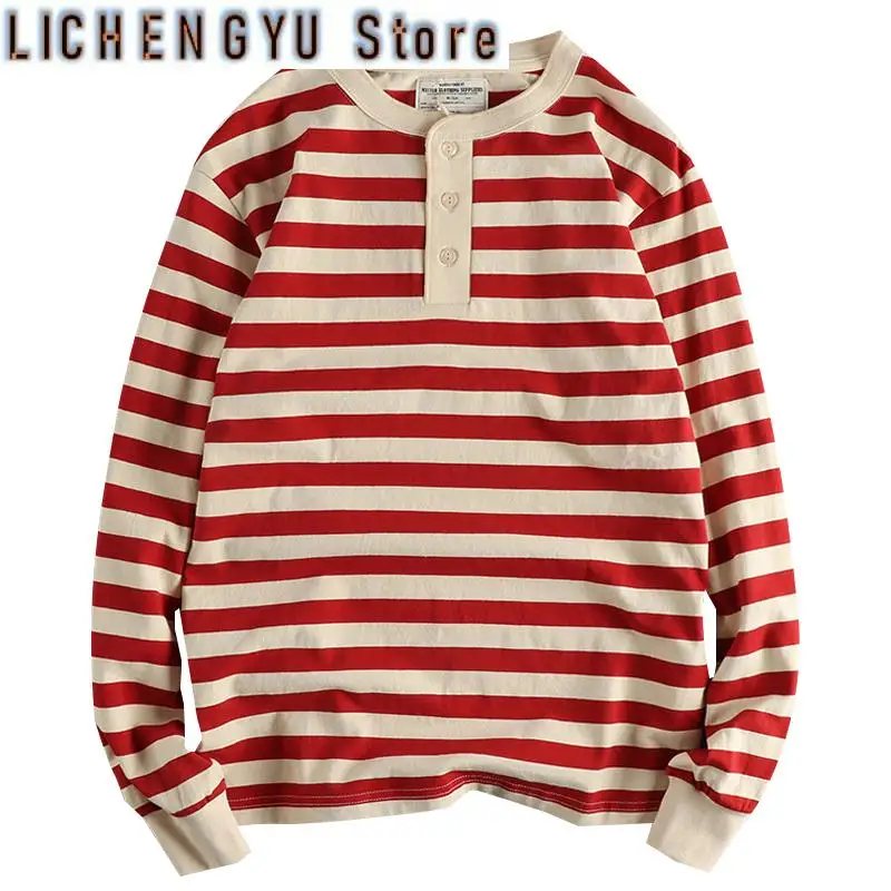 Autumn American Retro 230g Heavyweight Henry Collar Striped T-shirt Men's Fashion 100% Cotton Washed Casual Loose Tough Guy Tops