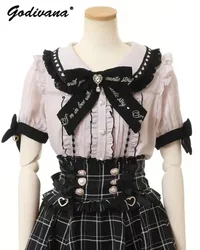 Blusas femininas com laço estilo lolita, camisa com gola de boneca, tops com strass doce, manga curta, moda feminina verão