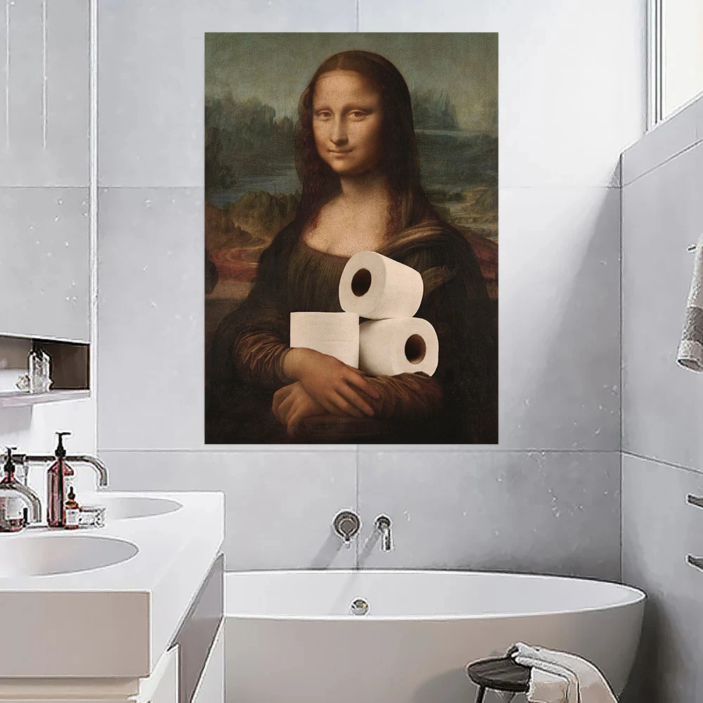 (1PC Unframe)Funny Bathroom Toilet Poster Mona Lisa and Wearing Pearls Girl with Roll Paper Canvas Painting Prints Home Toilet W
