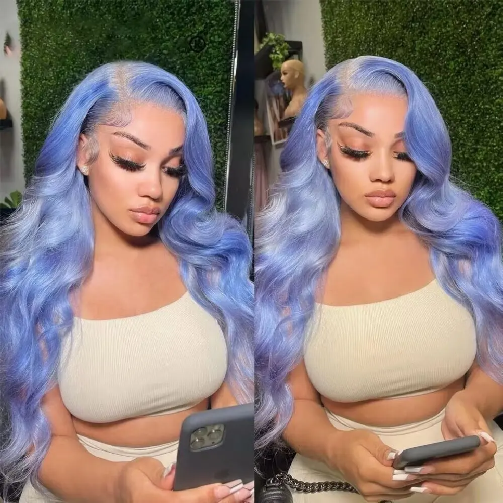 Wig asli Brasil ketebalan tinggi wig renda transparan depan Halus biru bergelombang wig tanpa lem garis rambut sebelum dipetik 13x4 HD