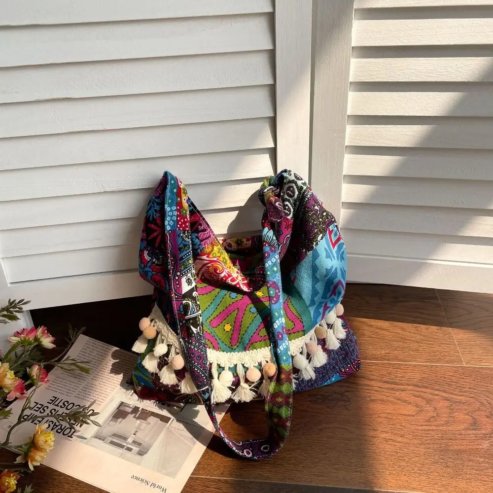 

Tassel Ethnic Style Crossbody Bag Large Capacity Geometric Fringe Shoulder Bag Handbag Cloth Bohemian Tote Bag Travel