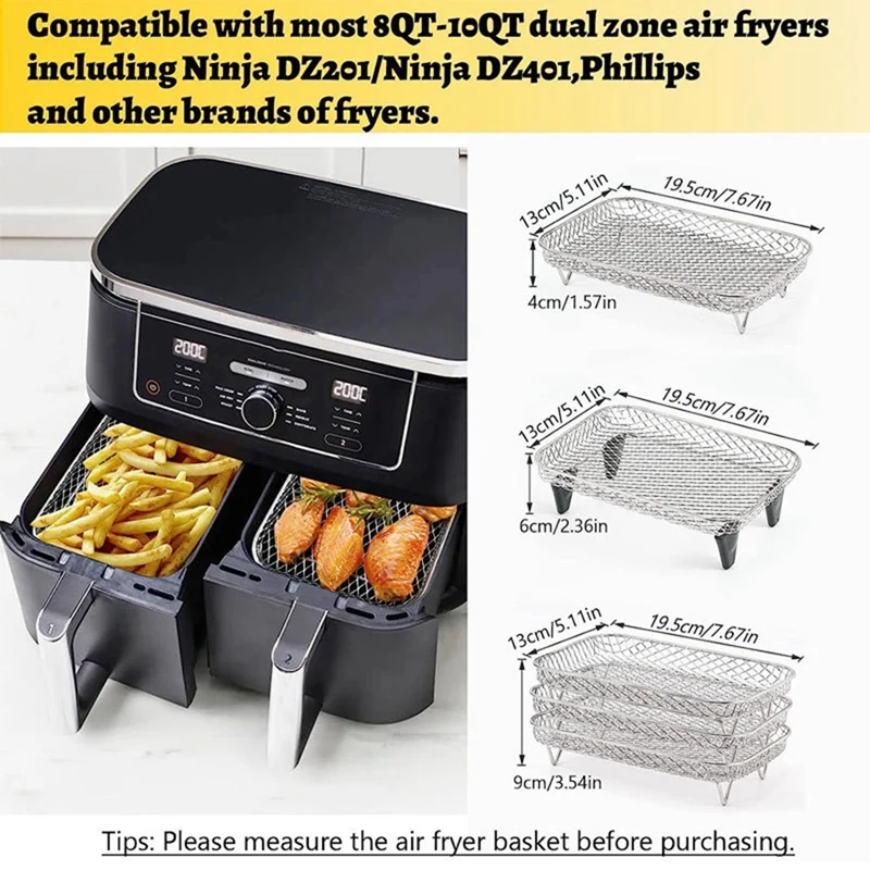 Air Fryer Rack For Ninja Dual Air Fryer, Stackable Stainless Steel Dehydrator Rack, Rectangle Air Fryer Accessories Parts