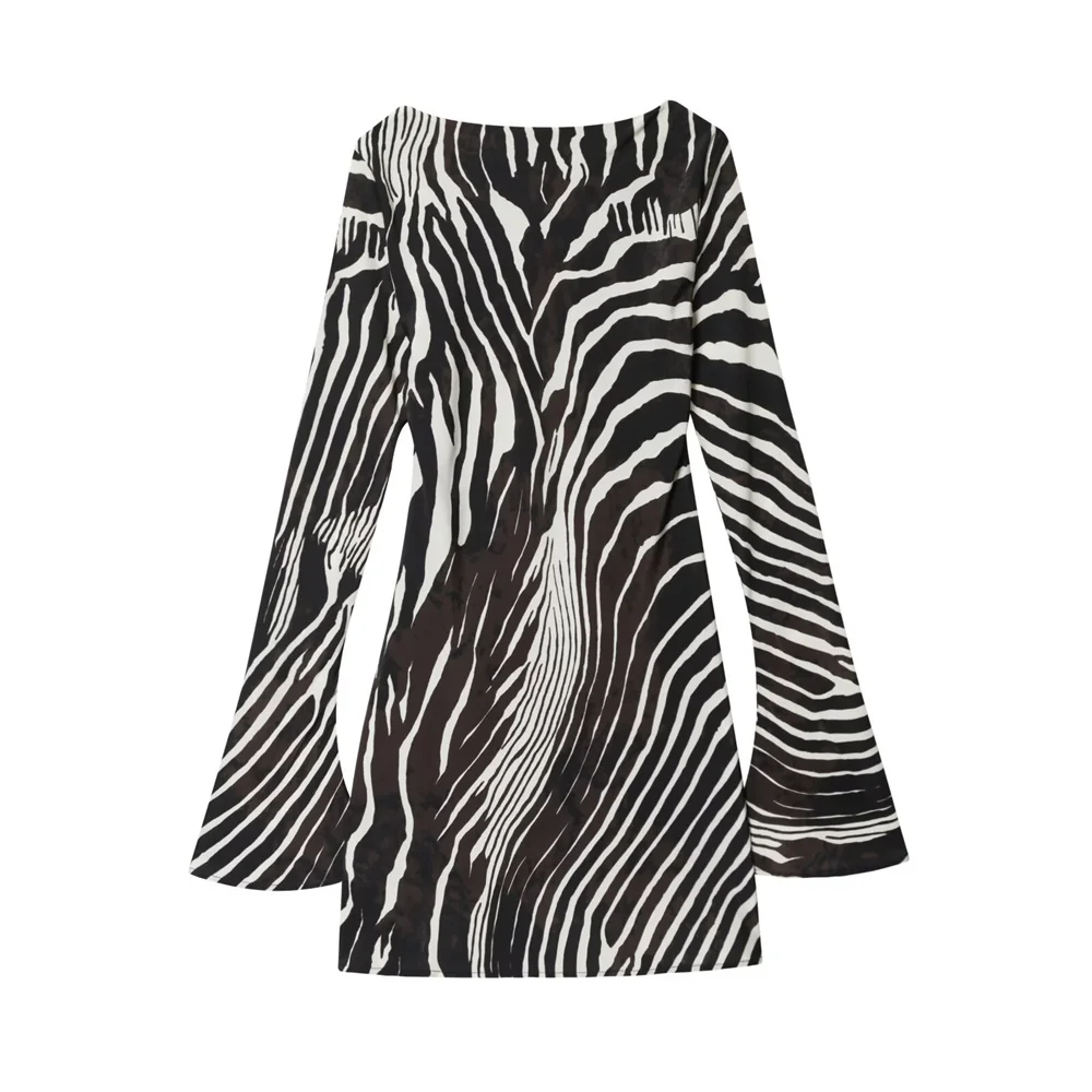 欧米風秋新作レディース服レトロ気質シンプルゼブラ柄フレアスリーブワンピース