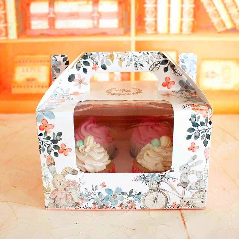 10pcs / lot cute Open window cup cupcake Cartoon pink rabbit box mousse wood bran pudding bottle small cake box wtih handle boxe