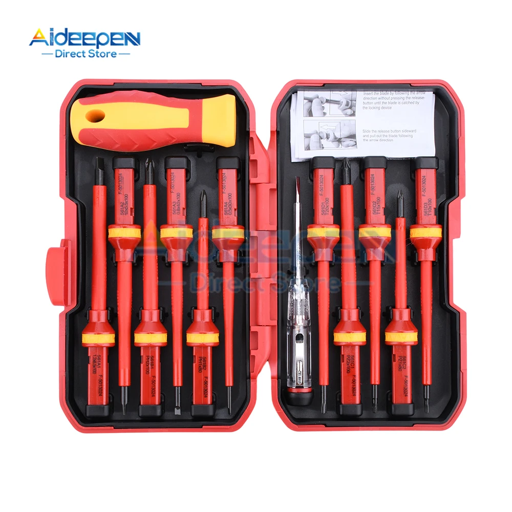 13 Stuks 110-250V Verwisselbare Geïsoleerde Schroevendraaier Set Magnetische Sleufbits Reparatie Gereedschap Elektricien Gereedschap Weerstaan Spanning 1000V