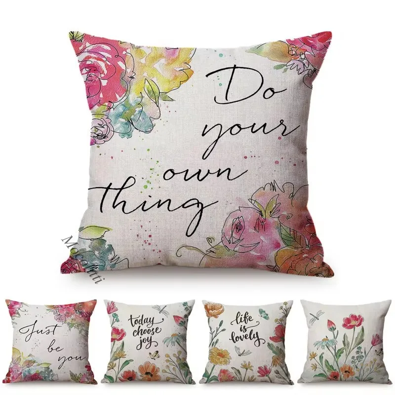 Water Color Bohemia Floral Nordic Sofa Decoration Throw Pillow Case Letter Design Cotton Linen Chair Cushion Cover cojines