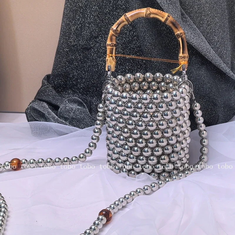 New Celebrity Bamboo Handle Bucket Bag Pearl Chain Mini Shoulder Bucket Bags Luxury Designer Bags Ladies Luxury Handbags