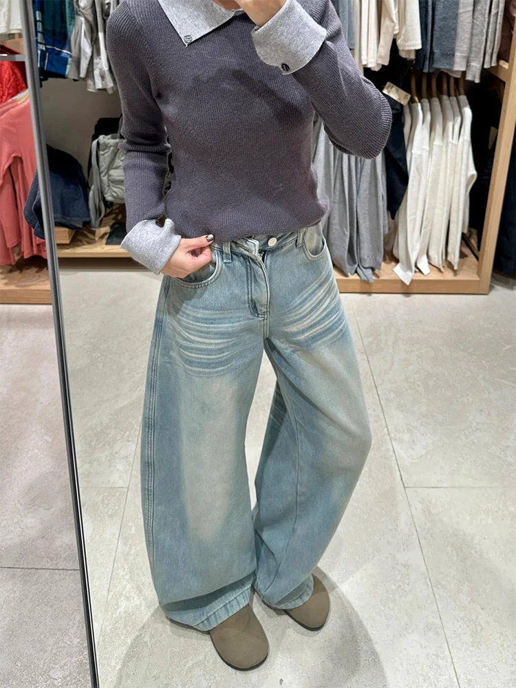 

Large Size American Washed Wide Leg Denim Jeans Women's Loose Drapey Design Straight Floor-Length Pants Autumn Winter