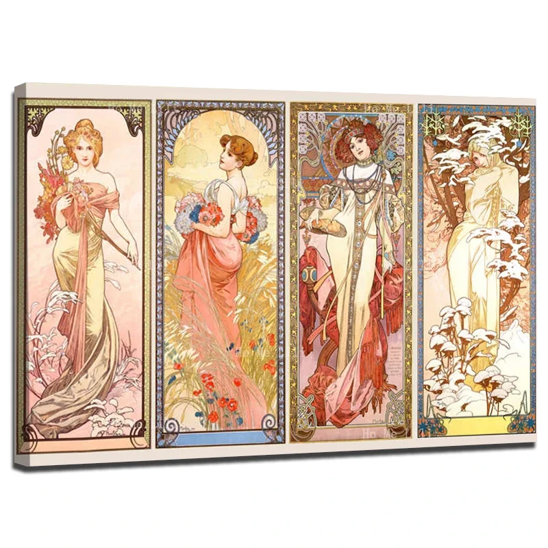 Four Seasons Of Art Nouveau Flowers Retro Floral Girly Brightness Of Day Canvas By Ho Me Lili For Livingroom Home Wall Decor