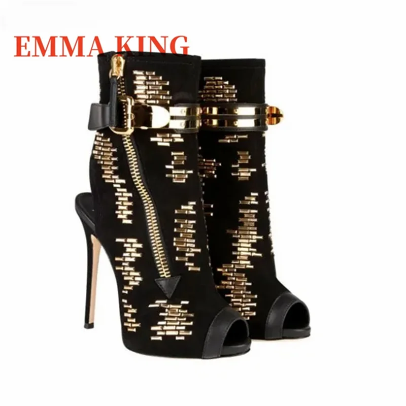 Emma King Peep Toe Buckle Ankle Wrap Summer Sandals Gold Stud Gladiator Heels Bling Embellished Zipper Slingbacks Boots Ladies