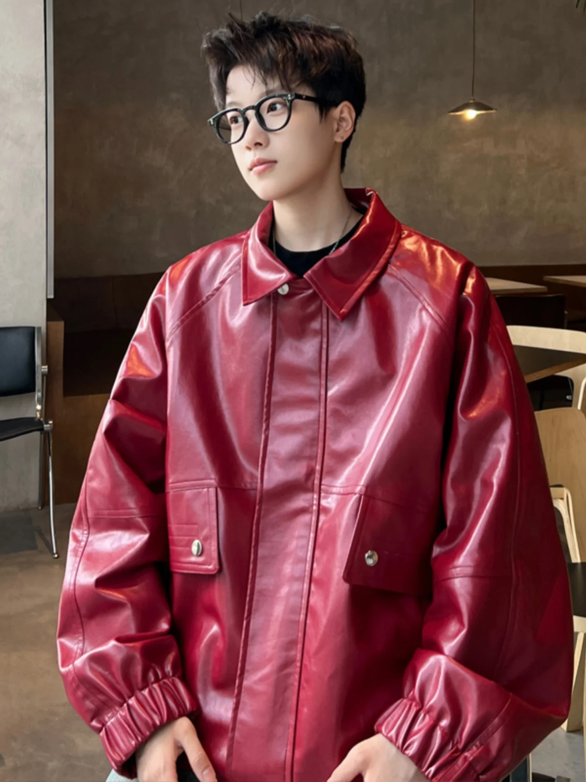 

Red Wine Color PU Leather Jaet Men's Autumn High-End Sle Cool Cleanfit Motorcycle Jaet Trendy Brand Casual irt