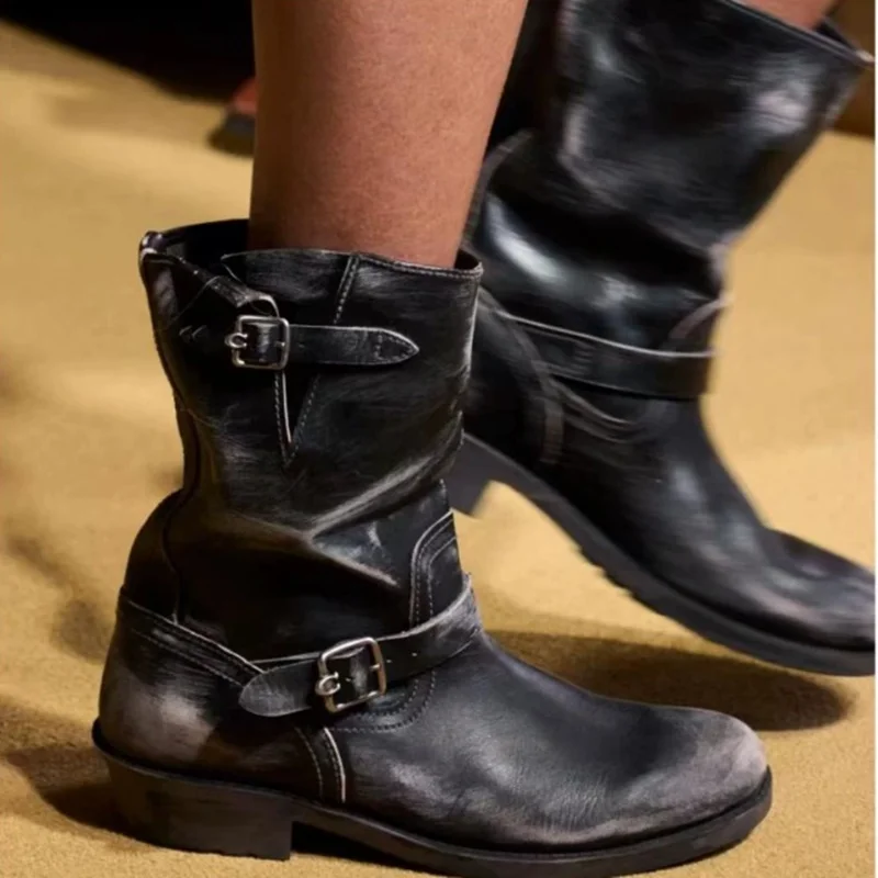 American Retro Distressed Western Cowboy Boots Man Handcrafted Belt Buckles Mid-Tube Boots Round Toe Riding Boots Autumn Winter