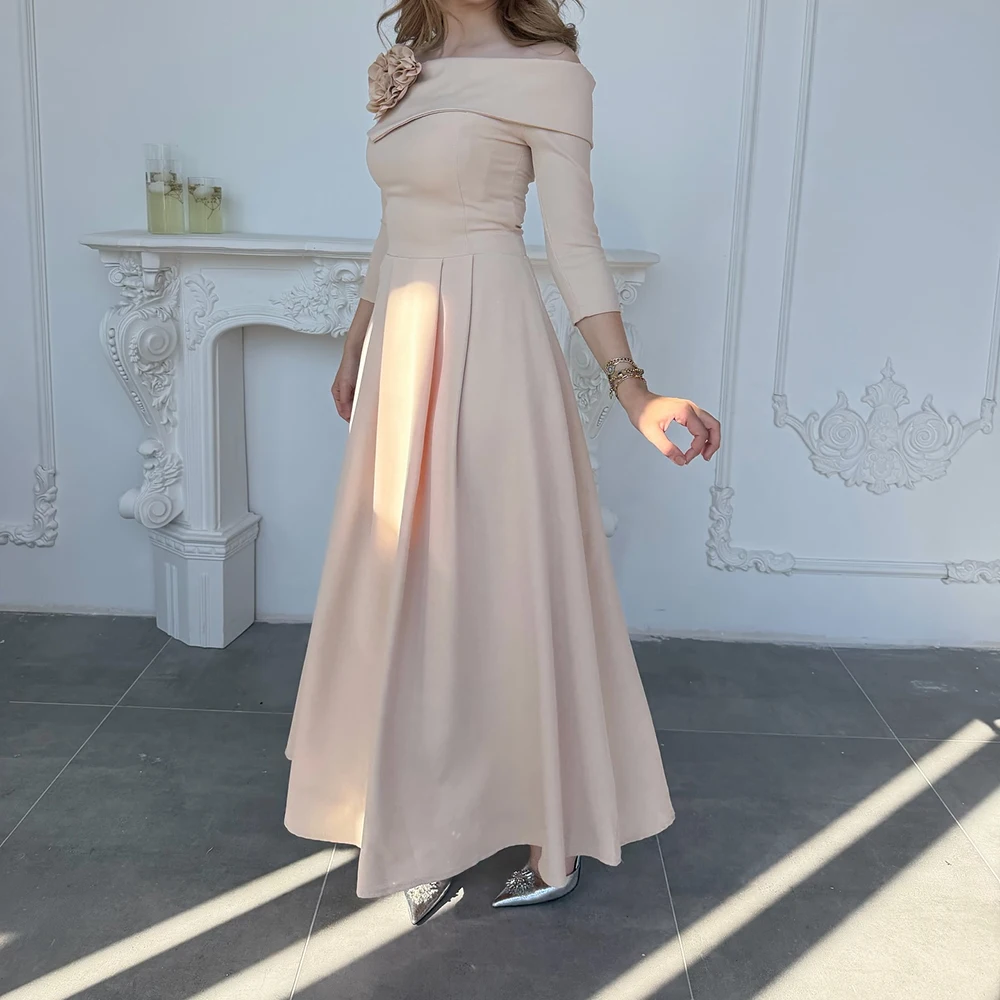 فساتين سهرة مخصصة على شكل حرف a بطول الكاحل قبالة الكتف ثلاثة أرباع كم فستان حفلات موضة الزهور ثنيات فستان الحفلات #3