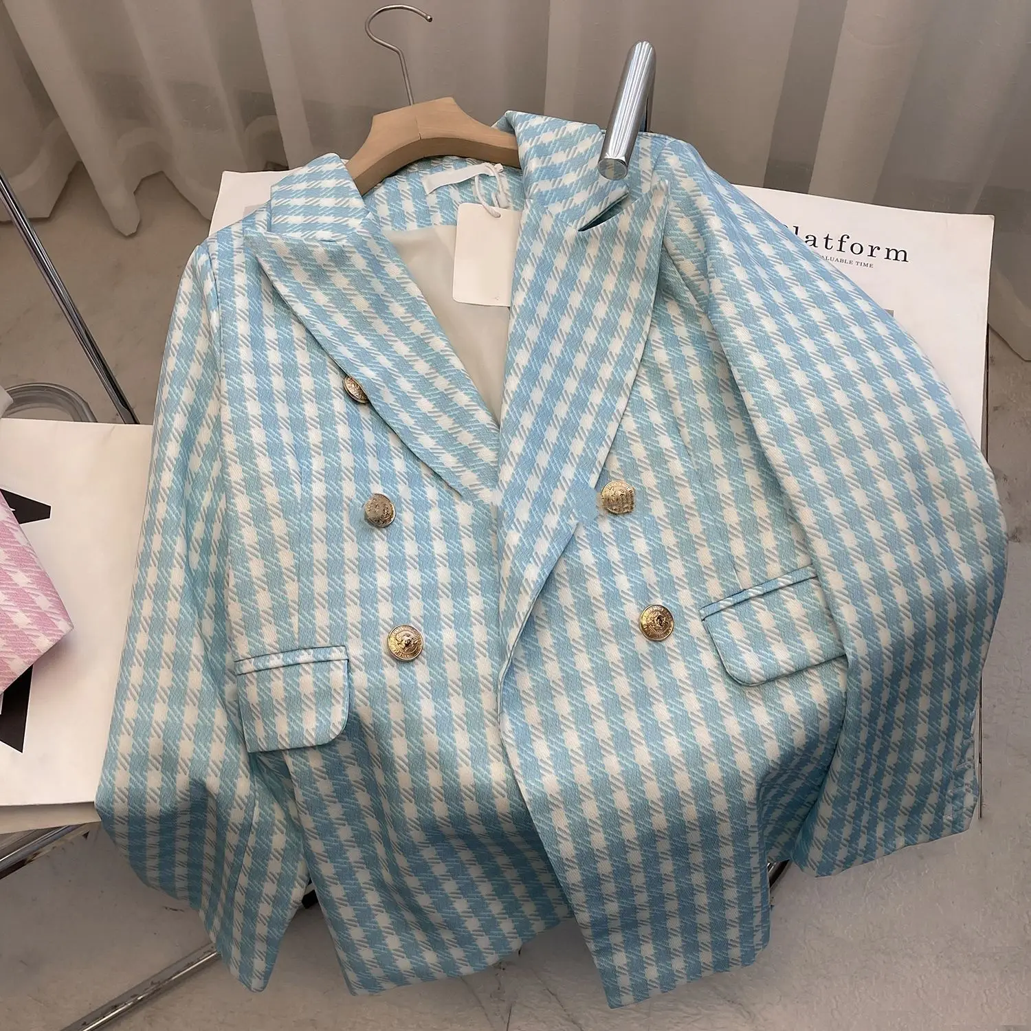 New Arrival Fashion Autumn Kids Jackets for Girls  Double Breasted Coats with Pockets Turndown Collar Plaid Outwears