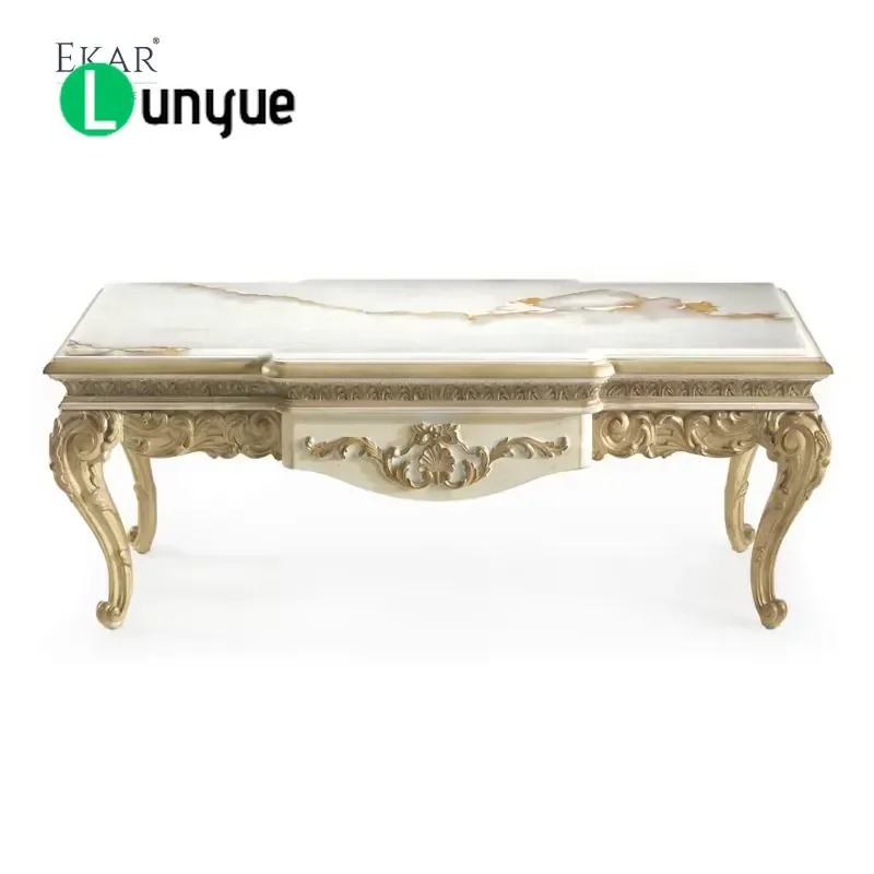 Italian Style Solid Wood Coffee Table with Marble Top Ornate Carved Frame Elegant Living Room Furniture Luxury Home Decor