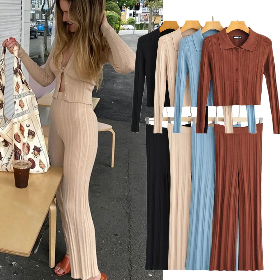 

Dave&Di Ins Fashion Blogger France Style Vintage Rib Casual Cardigans And Straight Harem Knitted Pants Women Knit Sets