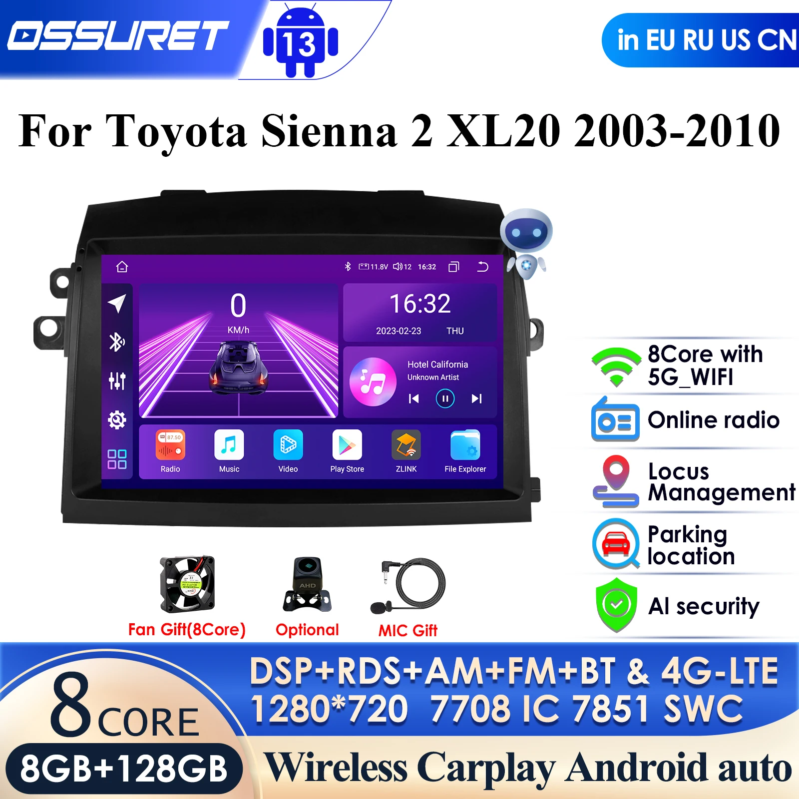 

8G + 128G 9-дюймовый 2-диночный мультимедийный видеоплеер Android 12 для Toyota Sienna 2 XL20 2003-2010, автомобильное радио, GPS Navi, авторадио, стерео ПК