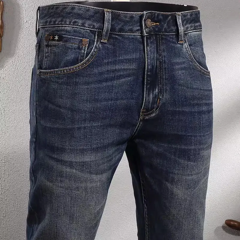 Fashion Designer Men Jeans High Quality Retro Washed Blue Elastic Slim Fit Vintage Jeans Men Smart Trousers Casual Denim Pants