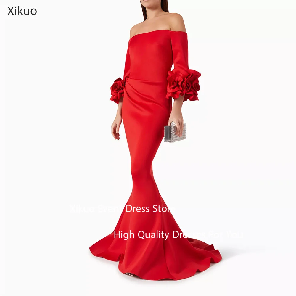Xikuo Abendkleid aus rotem Satin mit drapierter Schleppe, schulterfrei, Robe de Soirée, gerüschte Blumenärmel, formelle Partykleider, individuell gestaltet