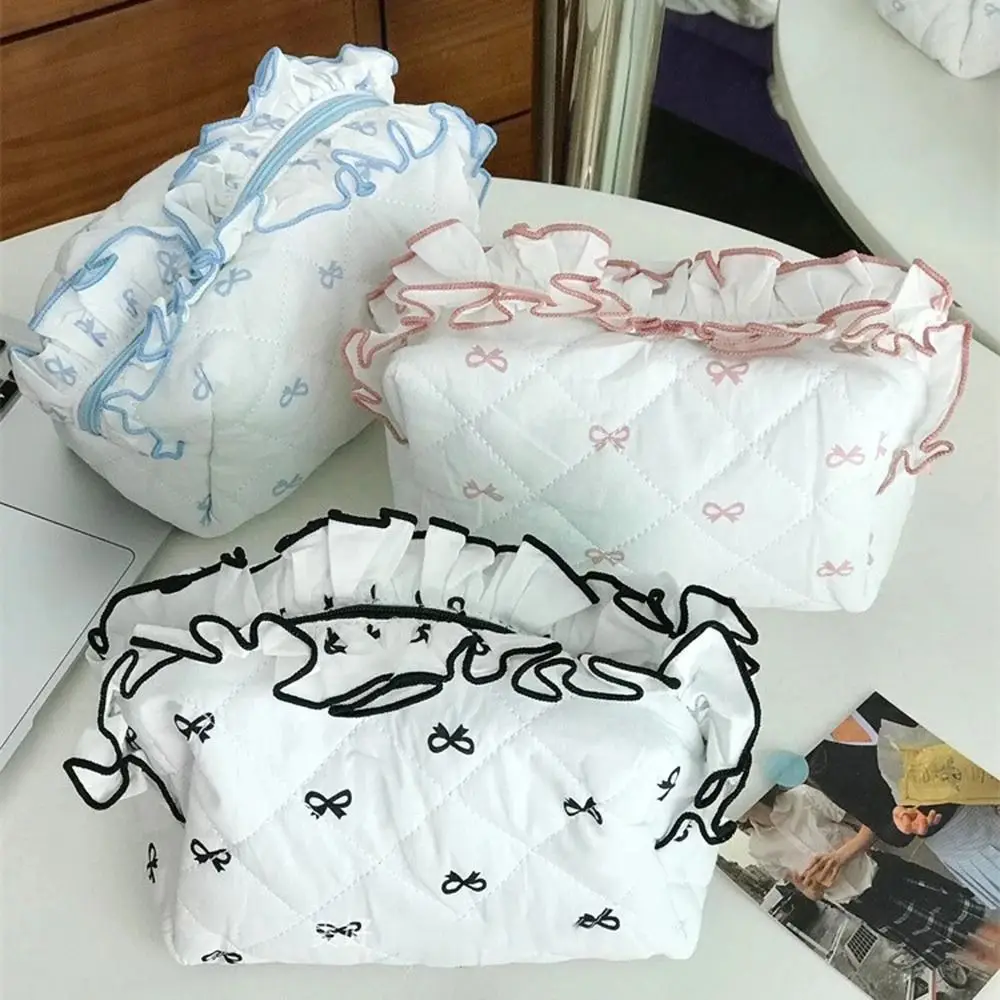 โบว์พิมพ์ขนาดใหญ่ความจุปากกา Flounce Rhombus เครื่องเขียนกระเป๋า INS ที่ถอดออกได้แต่งหน้าลิปสติกกระเป๋าโรงเรียน Office Supply