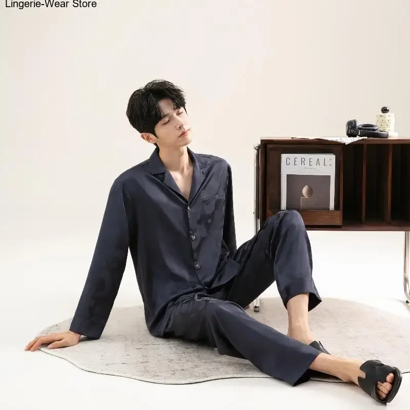 Plus Size Men's Ice Silk Jacquard Pajama Set, Long Sleeve Top & Pants, Loose Cool Breathable Casual Loungewear Spring Autumn