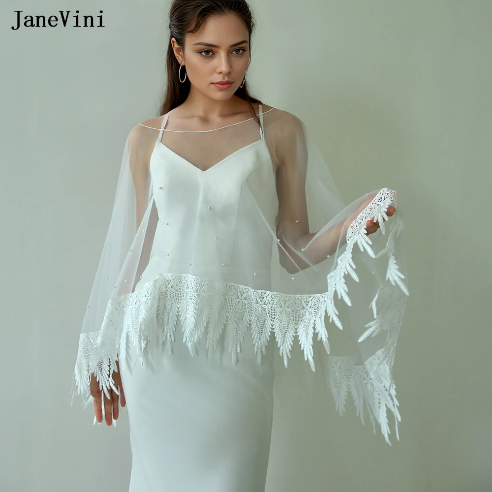 

JaneVini Elegant White Cloak Wedding Shawls Wraps Jacket Lace Appliques Edge Pearls Tulle Bridal Cape Bolero Wedding Accessories