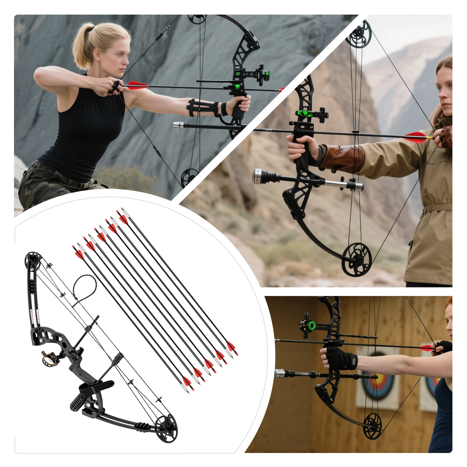 

Compound Bow for Adults, Right Hand, Hunting Kit: 3 Pin Lighted Sight, Rest, Quiver, String Stop, Stabilizer, Shock Absorption