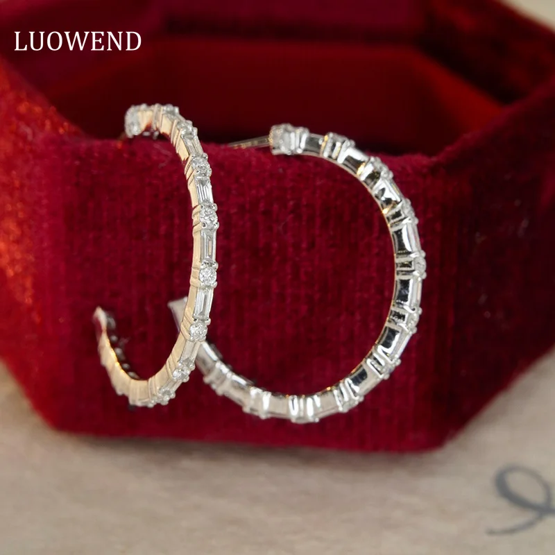 

LUOWEND 18K White Gold Earrings 0.45carat Real Natural Diamond Hoop Earrings for Women Wedding Jewelry Fashion INS Style