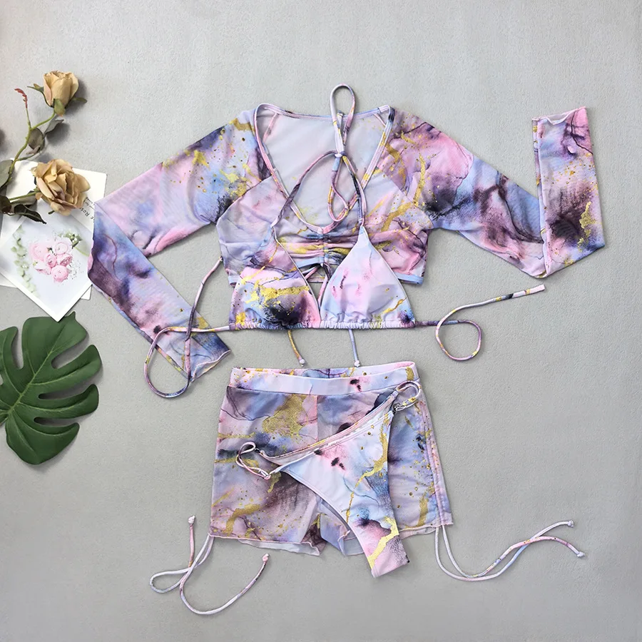 sexy tie dye print bikinis sets 4pcs with long sleeve drawstring cropped cover smock top and shorts bathing suit beach outfits
