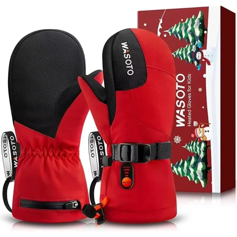 New Year's gift children's red heated polyurethane waterproof touch screen compatible full finger electric heating gloves skiing