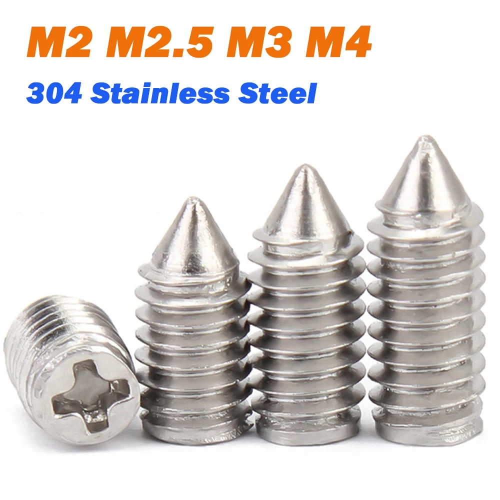 M2 M2.5 M3 M4 304 Stainless Steel Cross Groove Pointed Locking Machine Screw Cross Cone End Headless Bolt