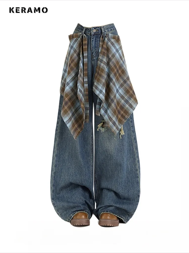 

Женские повседневные джинсовые брюки в клетку в стиле эмо в стиле ретро, длинные джинсы в стиле сафари, свободные джинсы, прямые синие брюки Y2K 2000-х годов