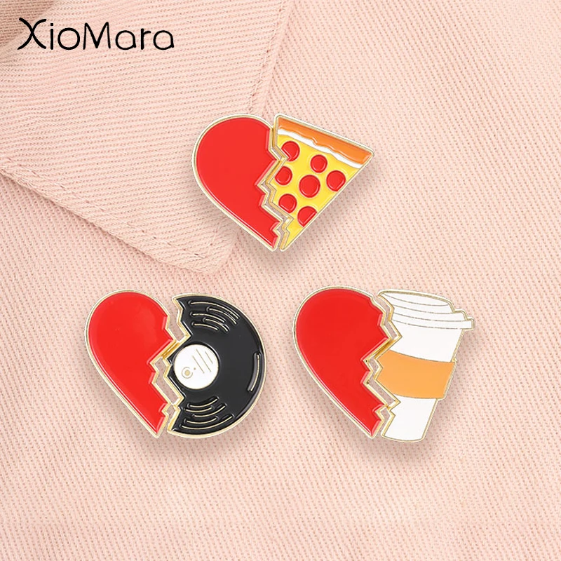Half Split Heart Enamel Pins Black Record Coffee Pizza Funny Food Music Brooches Couple Matching Badge Lapel Decor Jewelry Gifts
