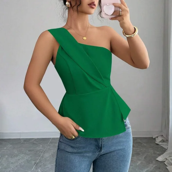 

Casual Sleeveless Top Women 2026 Summer Fashion Sleeveless Diagonal Collar High Waist Ruffles Lady Holiday Streetwear Vests