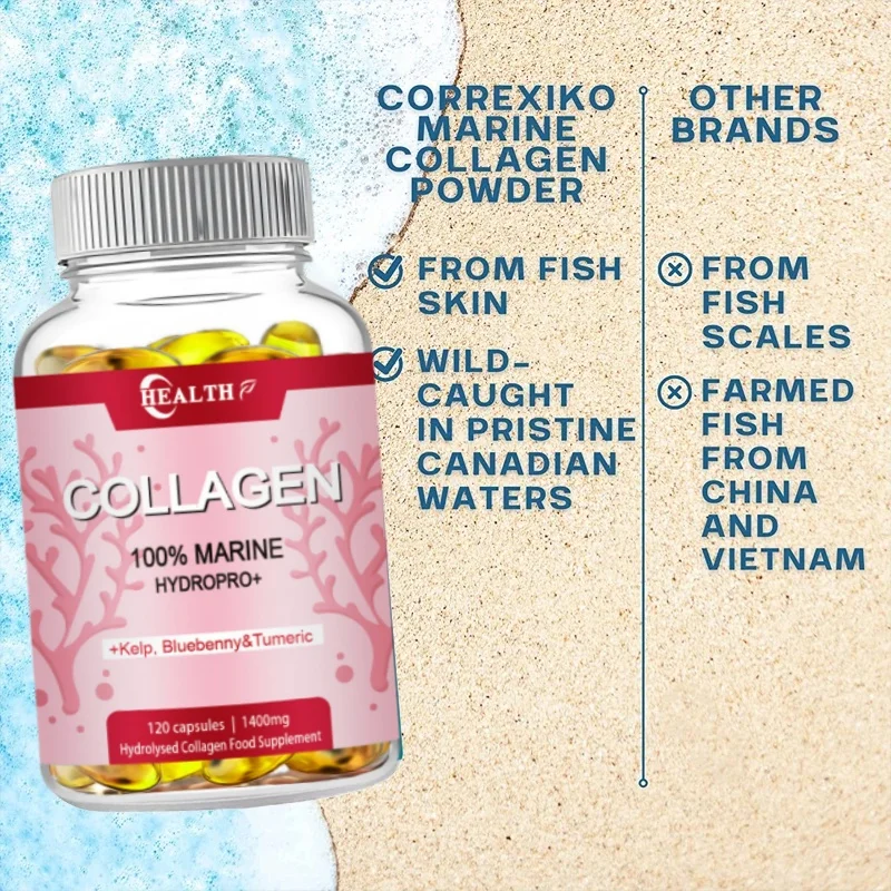 Powerful Marine Collagen - With Hyaluronic Acid, Biotin & Blueberry - 1400mg Complex-Hydrolyzed Type 1-With Vitamins & Minerals