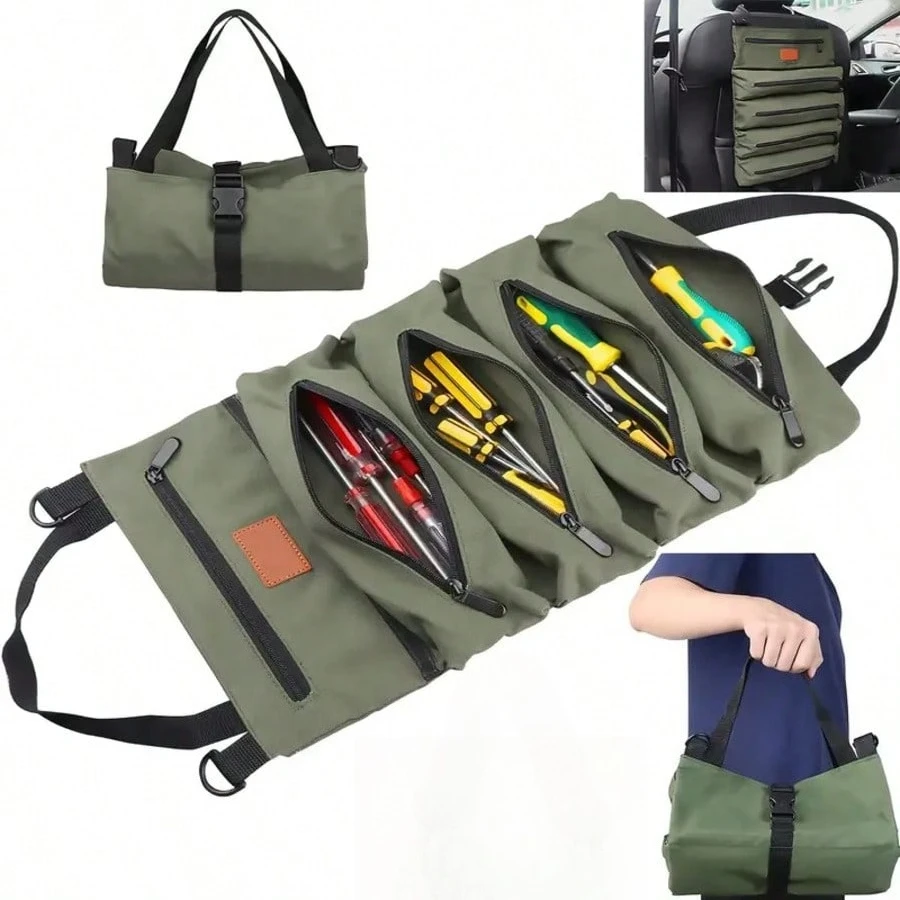 Multi-Purpose Roll-Up Tool Organizer Bag- Compact, Durable Fabric Storage Bag With 5 Zippered Pockets For Pliers, Vise Grips, Screwdrivers, Wrenches & Sockets - Perfect For Work And Outdoor Adventures