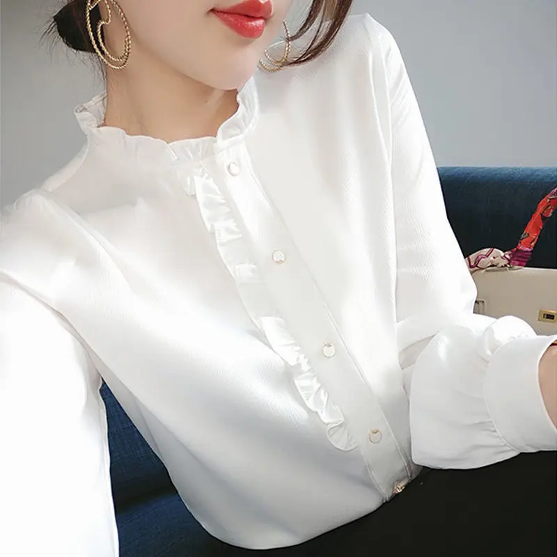 Autumn Winter Solid Color Fleece Blouse Korean Fashion Elegant Shirt for Female Ruffled O-neck Casual Chiffon Top Women Clothing