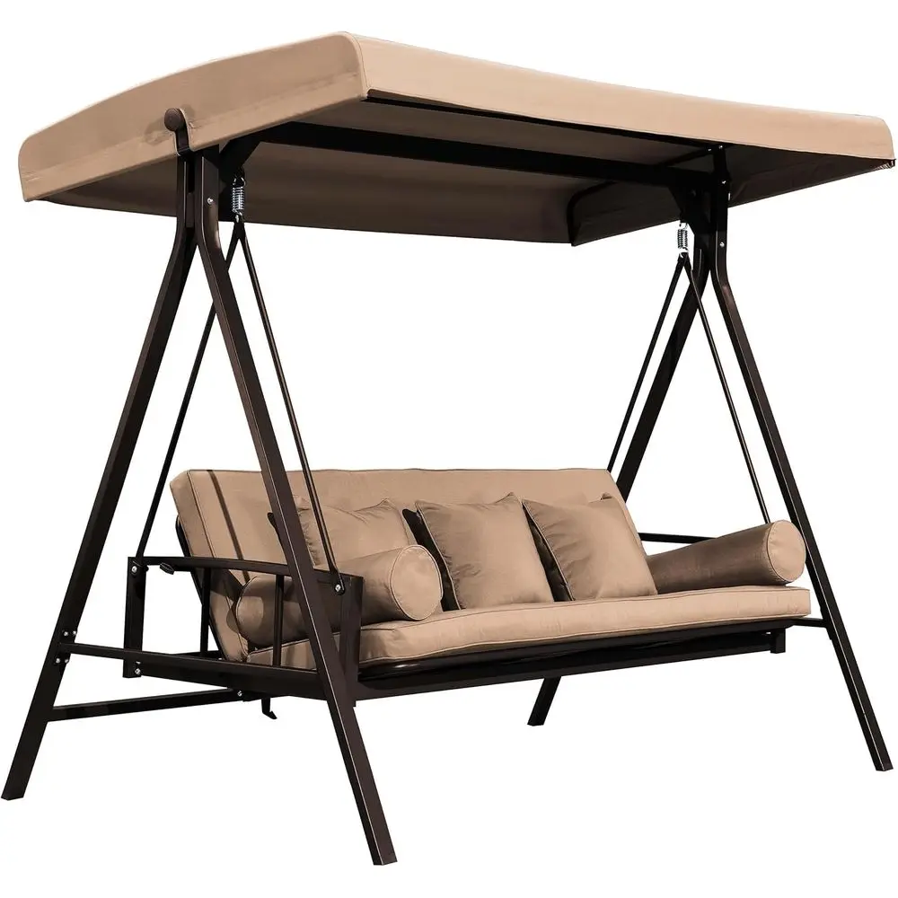 

Трехместные уличные качели-диван, устойчивые к непогоде, с регулируемой спинкой, бежевыми подушками и декоративными подушечками