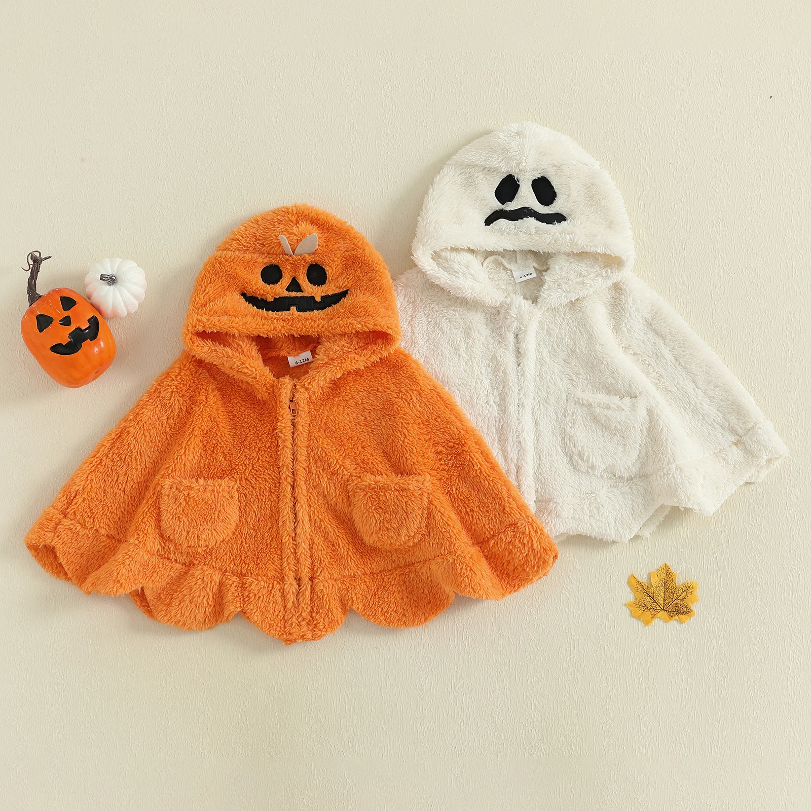 Tregren Toddler Baby Boys Girls Cloak Halloween Pumpkin/Ghost Costume Soft Furry Hooded Plush Cape Kids Fall Winter Coat Clothes